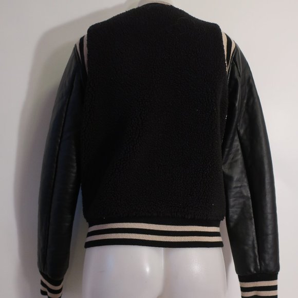 Womens Mother The Snap Letterman Black Mix Media Sherpa Faux Leather Jacket M * - Picture 7 of 16